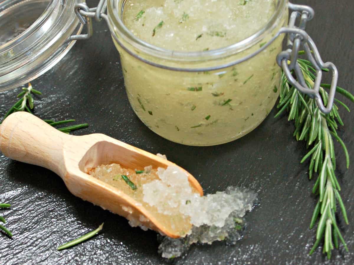 This simple recipe for Rosemary and Peppermint Foot Scrub ticks every box. It is super quick, super easy and super cheap to make. In fact, you probably already have all the ingredients you will need at home.