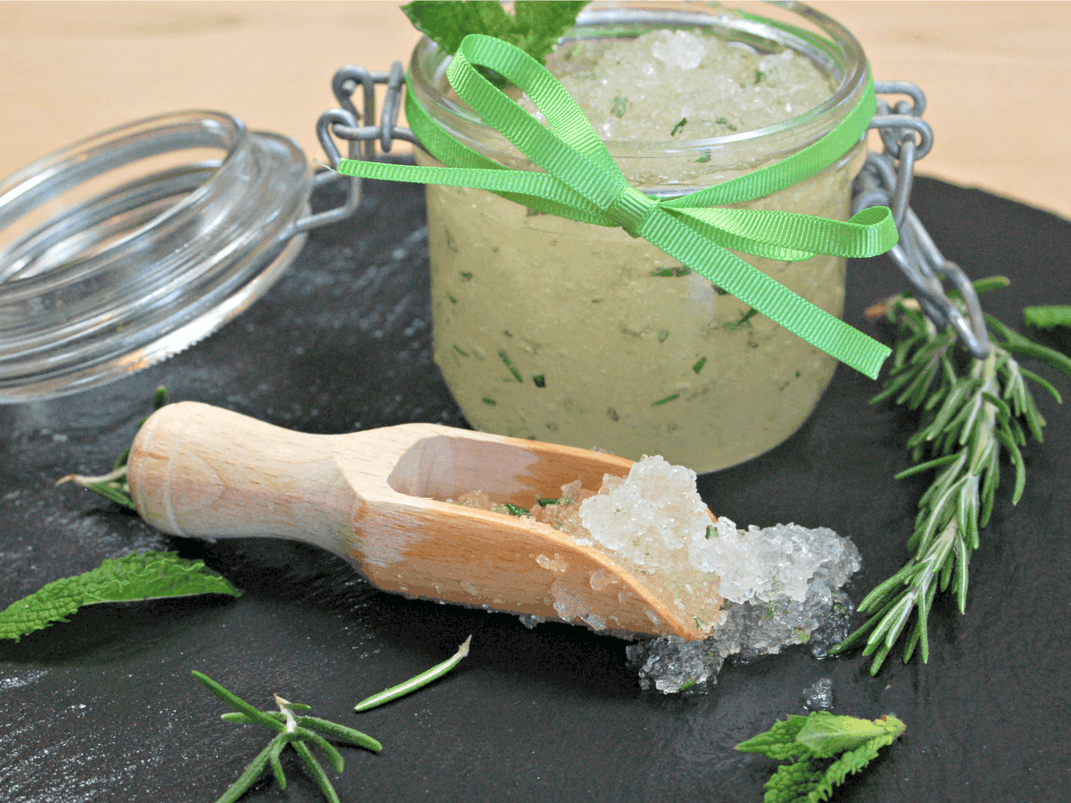 This simple recipe for Rosemary and Peppermint Foot Scrub ticks every box. It is super quick, super easy and super cheap to make. In fact, you probably already have all the ingredients you will need at home.
