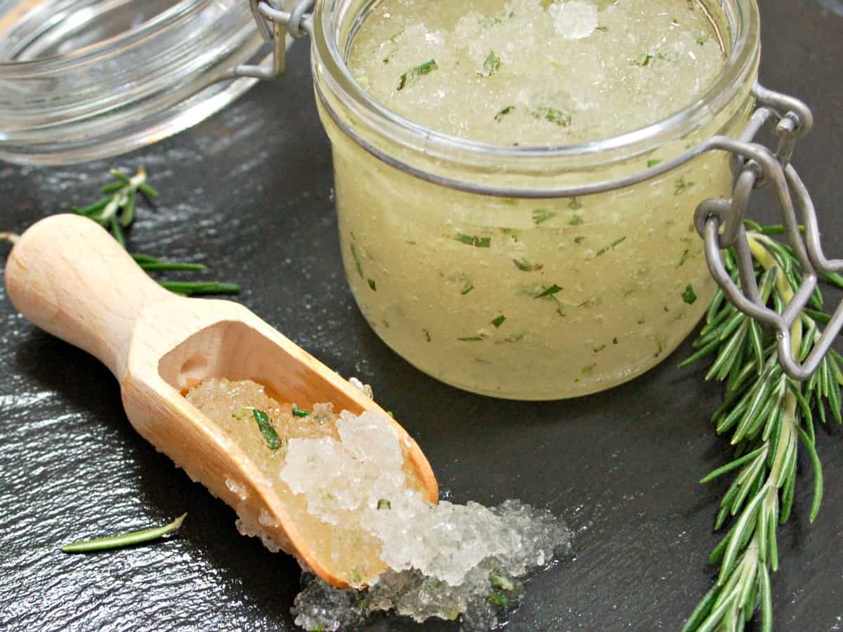This simple recipe for Rosemary and Peppermint Foot Scrub ticks every box. It is super quick, super easy and super cheap to make. In fact, you probably already have all the ingredients you will need at home.